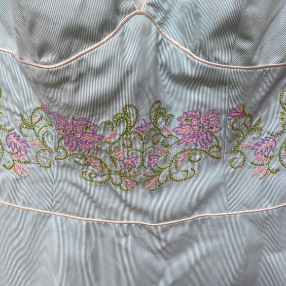 Blue and White Stripe with Embroidery Halter Dress - Picture 1 of 10